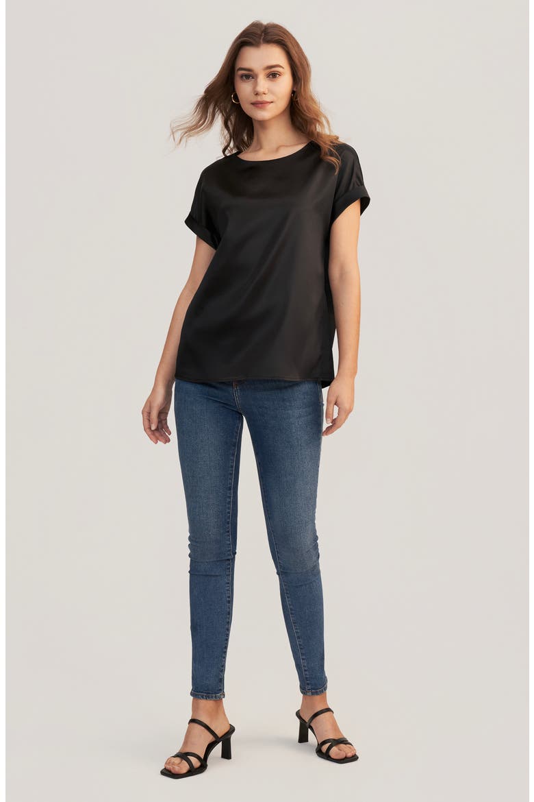 Women's Short Sleeves Round Neck Silk Tee, Alternate, color, Black
