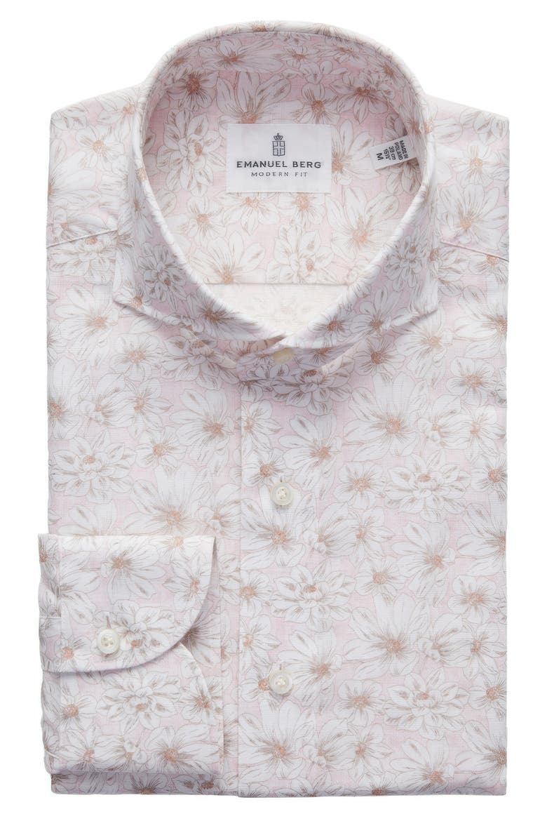 Modern Fit Floral Cotton & Linen Blend Button-Up Shirt, Main, color, LIGHT PASTEL PINK