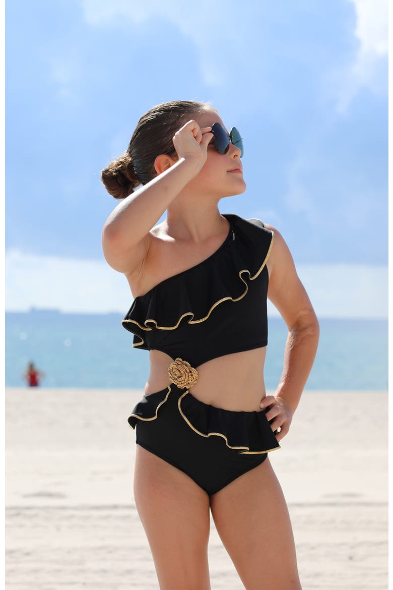 One Shoulder Cut-Out Hand-Knitted Rose Detail One Piece Swimsuit, Little Kid-Big Kid, Alternate, color, Black
