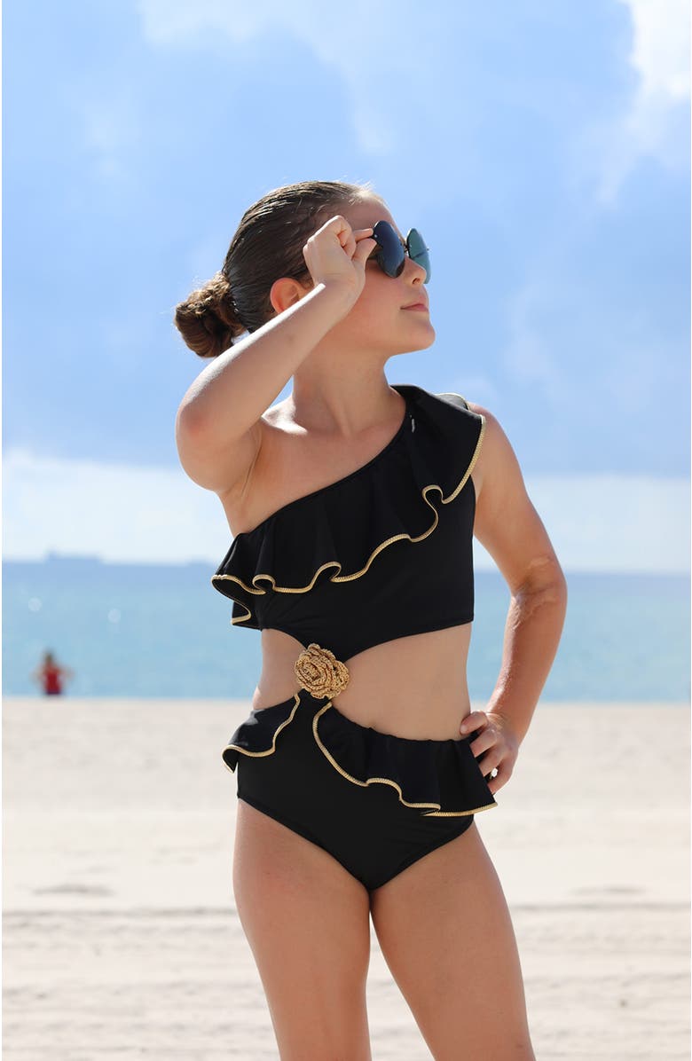 NESSI BYRD One Shoulder Cut-Out Hand-Knitted Rose Detail One Piece Swimsuit, Little Kid-Big Kid, Alternate, color, Black