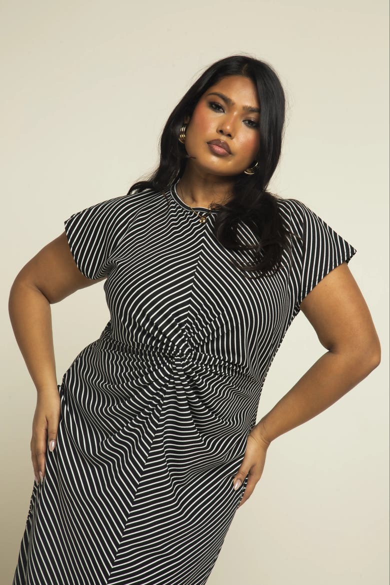 Cinched Striped Print Midi Dress, Alternate, color, Black