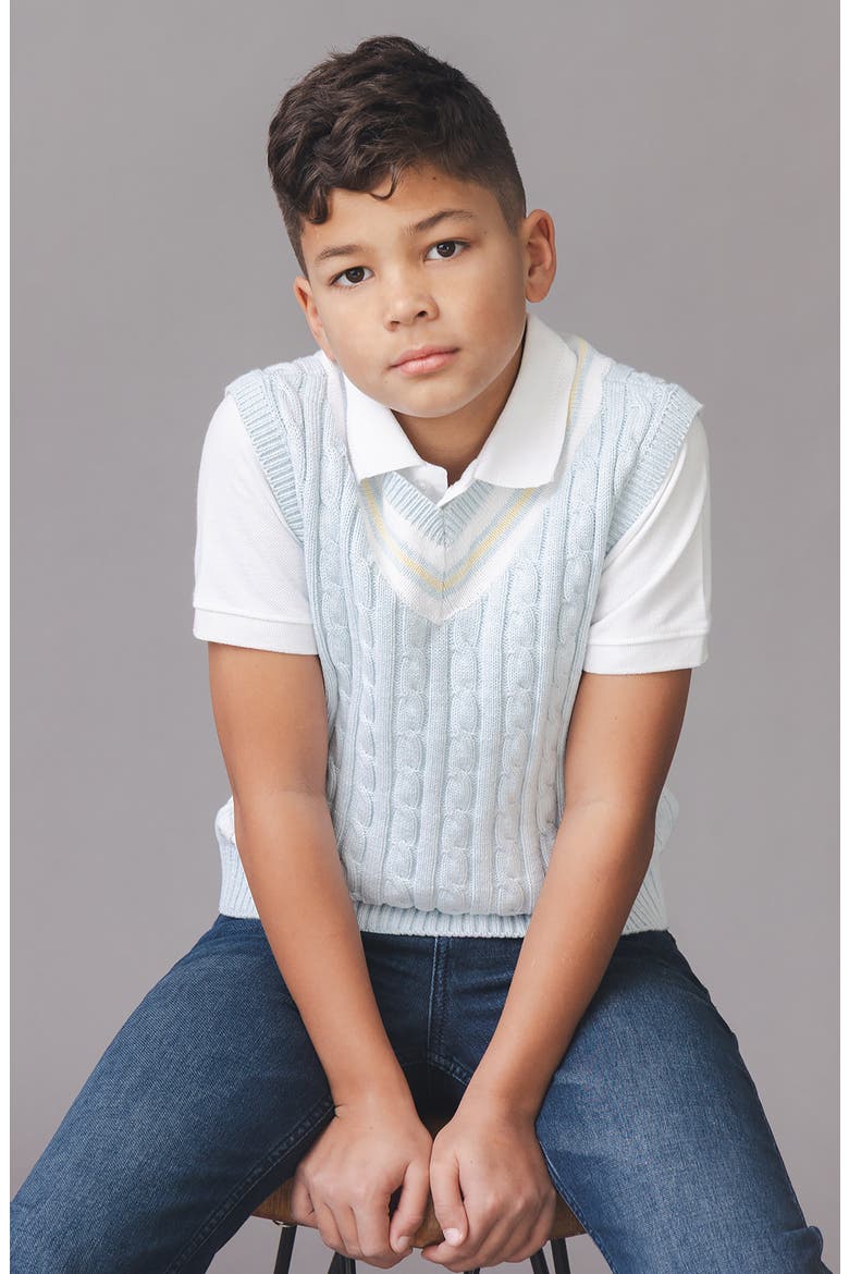 Kids' Organic V-Neck Cricket Sweater Vest, Alternate, color, Light Blue Heather Cable