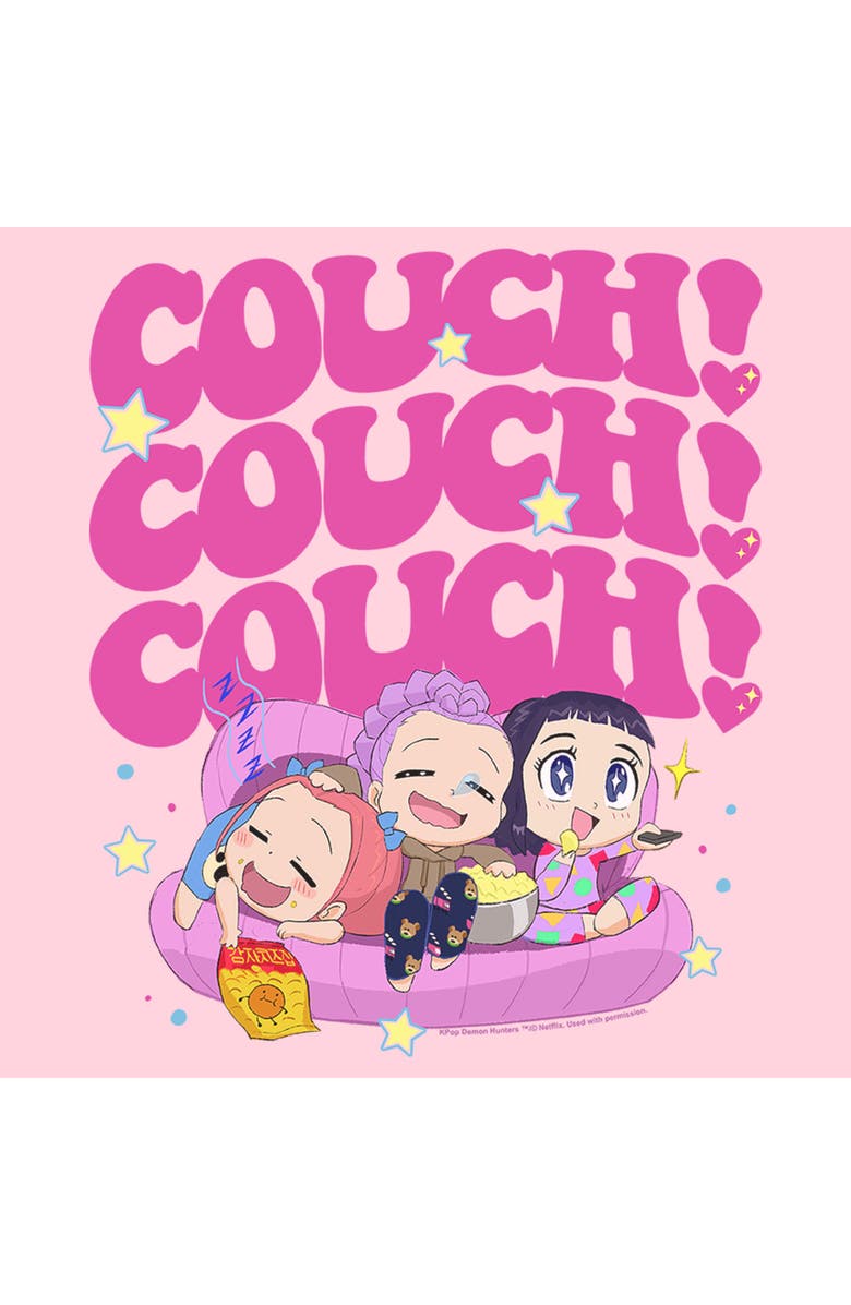 KPop Demon Hunters Junior's KPop Demon Hunters Cute Friendship Couch Time  Graphic T-Shirt, Alternate, color, Light Pink