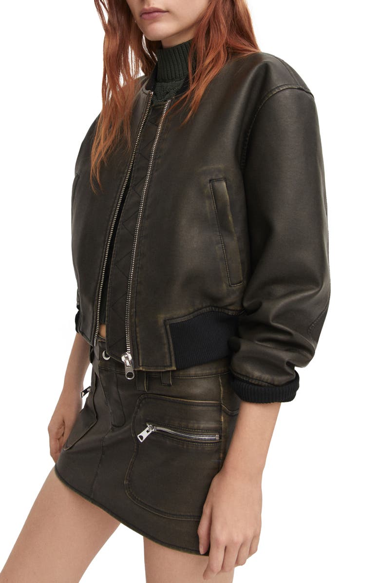 MANGO Worn Out Effect Bomber Jacket, Alternate, color, Brown