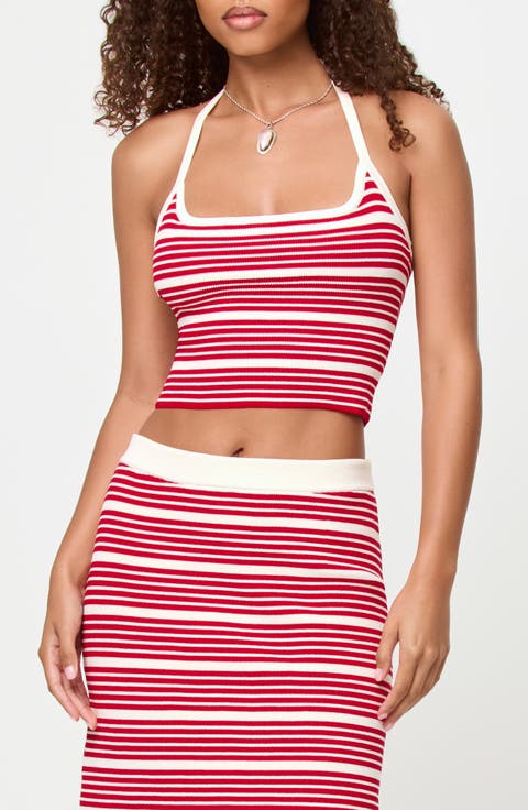 Positano Stripe Halter Rib Crop Cover-Up Top