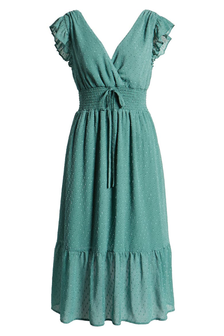 Smock Waist Ruffle Sleeve Cotton & Linen Dress, Alternate, color, GREEN