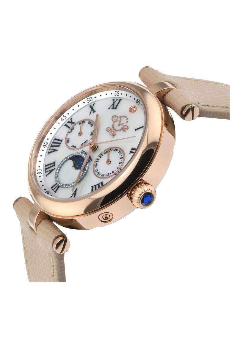 Florence Mother of Pearl Dial Diamond Leather Strap Watch, 36mm - 0.009ct., Alternate, color, BEIGE