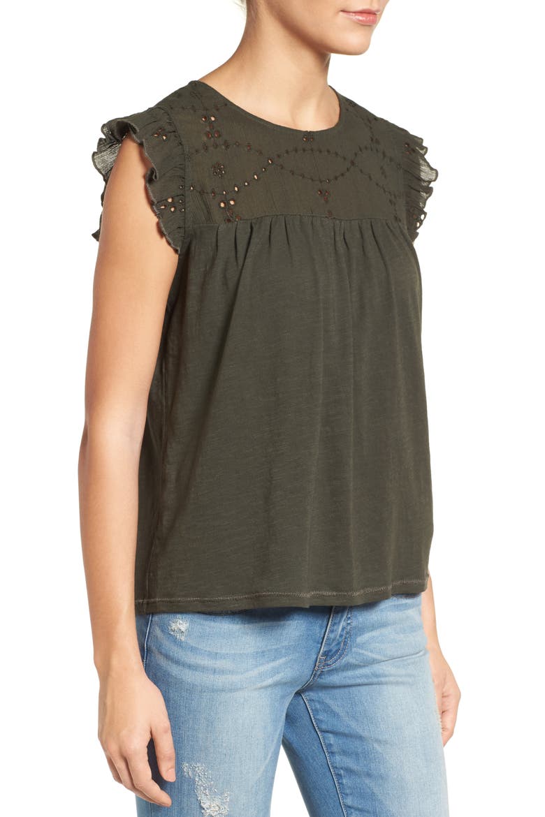 Eyelet Embroidered Flutter Sleeve Top, Alternate, color, OLIVE TUSCAN