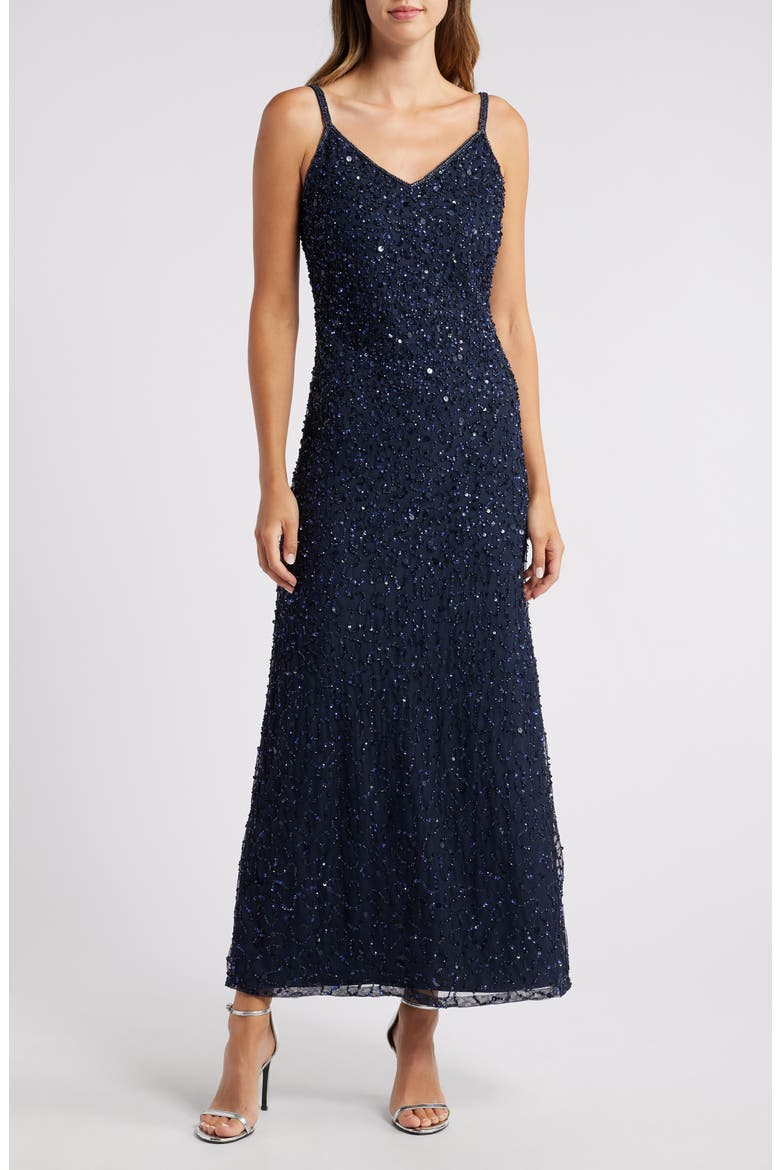 Beaded Sequin Gown with Bolero, Alternate, color, NAVY