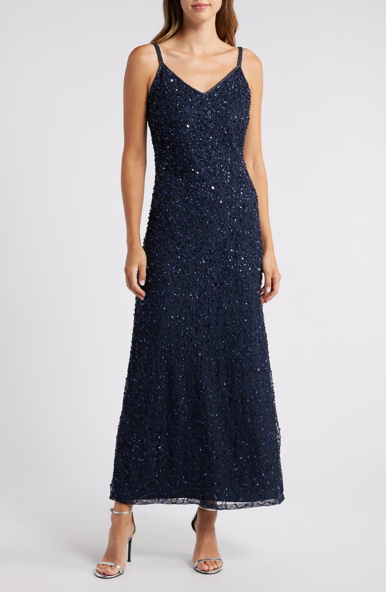 Pisarro Nights Beaded Sequin Gown with Bolero, Alternate, color, Navy