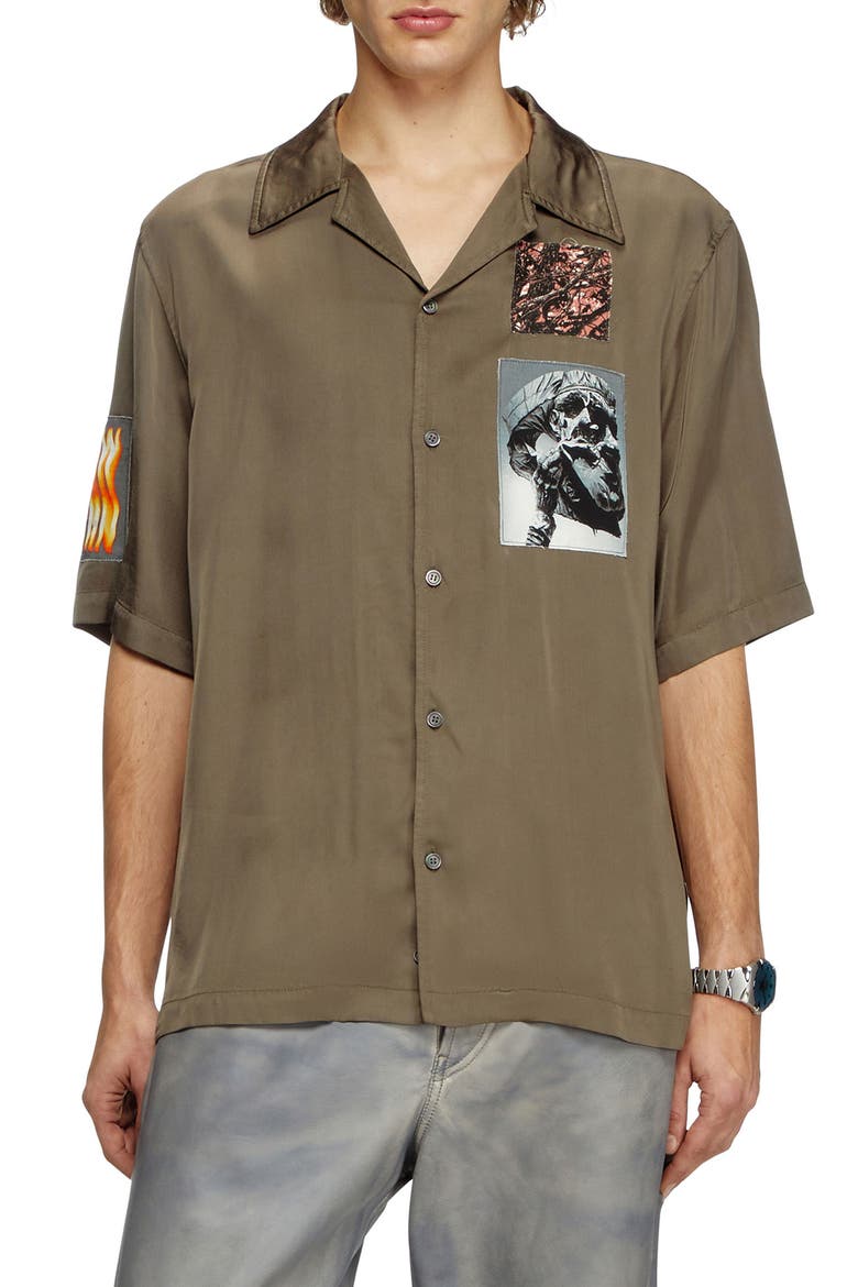 S-Daxhe Appliqué Satin Camp Shirt, Main, color, LEAF GREEN