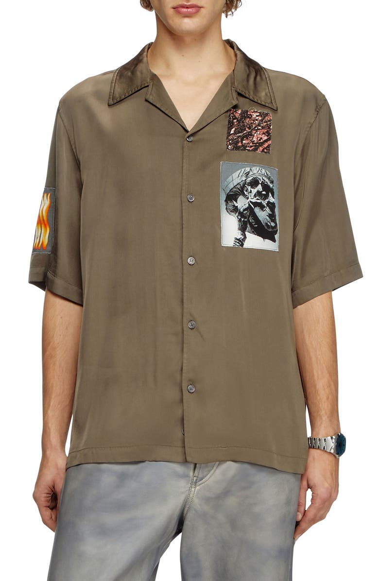 DIESEL<sup>®</sup> S-Daxhe Appliqué Satin Camp Shirt, Main, color, Leaf Green