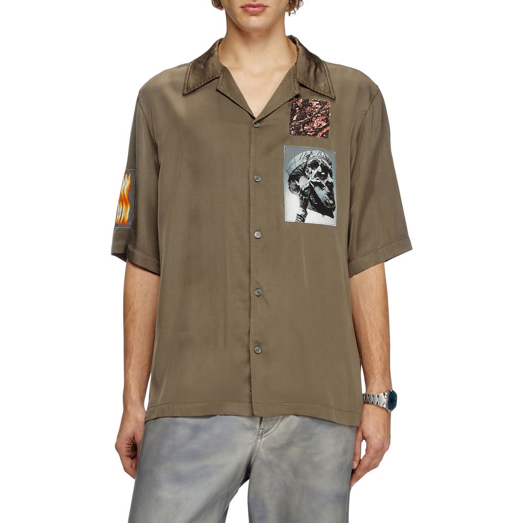 Diesel ® S-daxhe Appliqué Satin Camp Shirt In Leaf Green