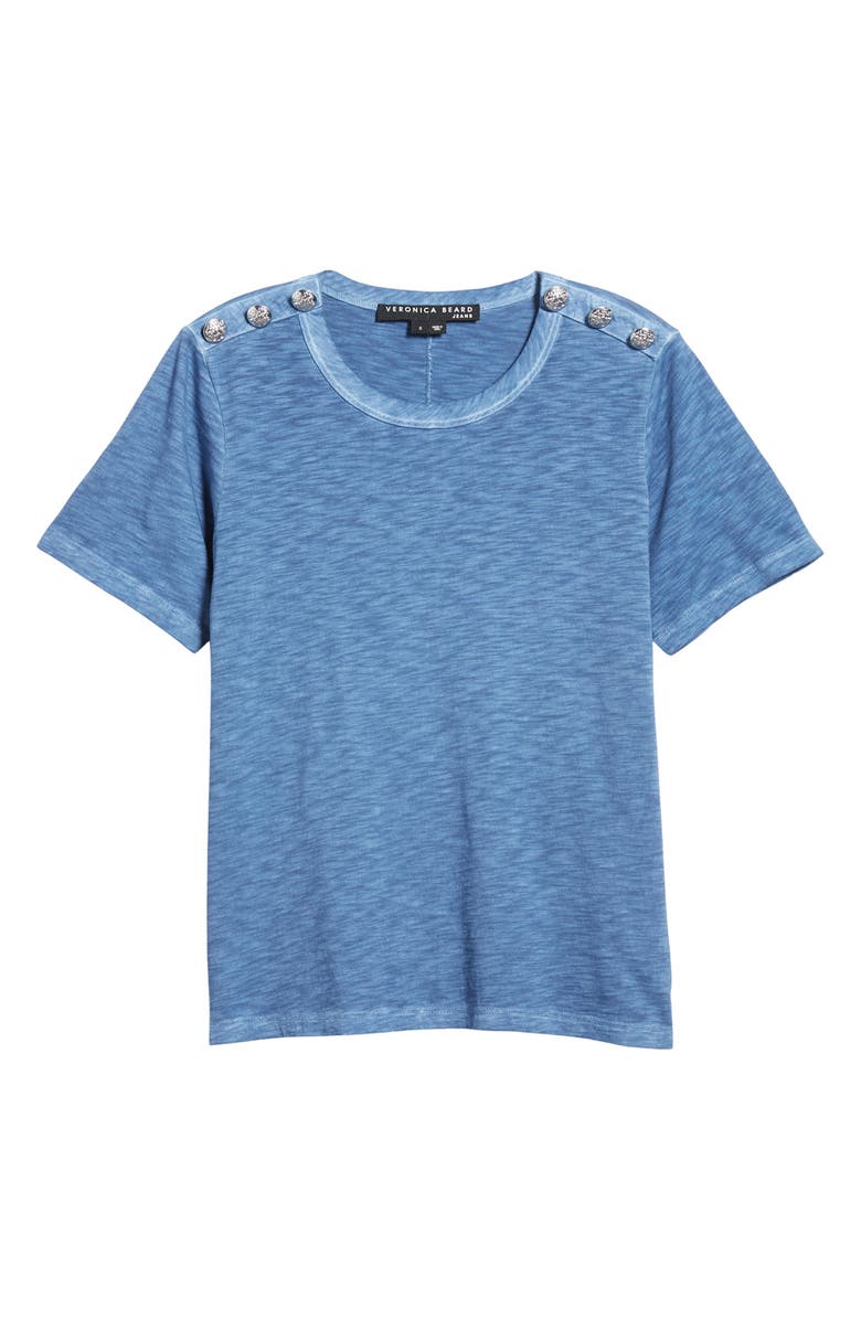 Veronica Beard Carla Scoop Neck Button Detail Cotton T-Shirt, Alternate, color, Lagoon Blue