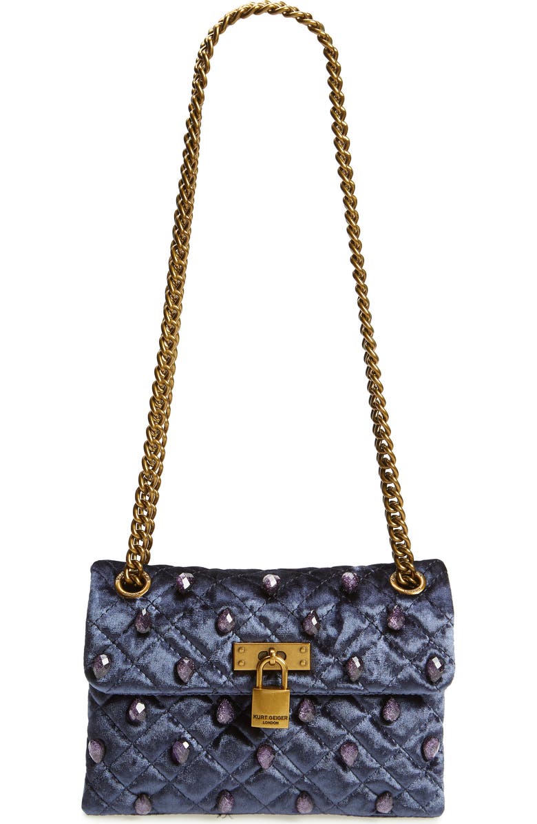 Kurt Geiger London Mini Brixton Croc Embossed Velvet Shoulder Bag, Main, color, Dark Blue
