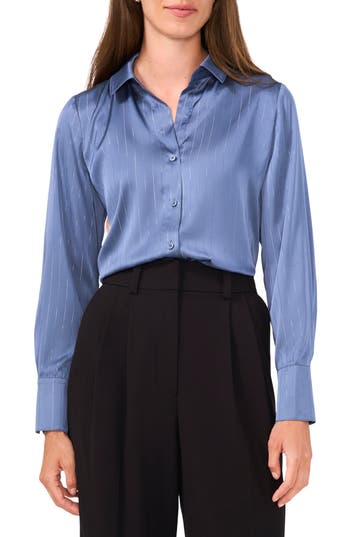 Halogen ® Long Sleeve Satin Button-up Shirt In Vintage Indigo Blue Stripe