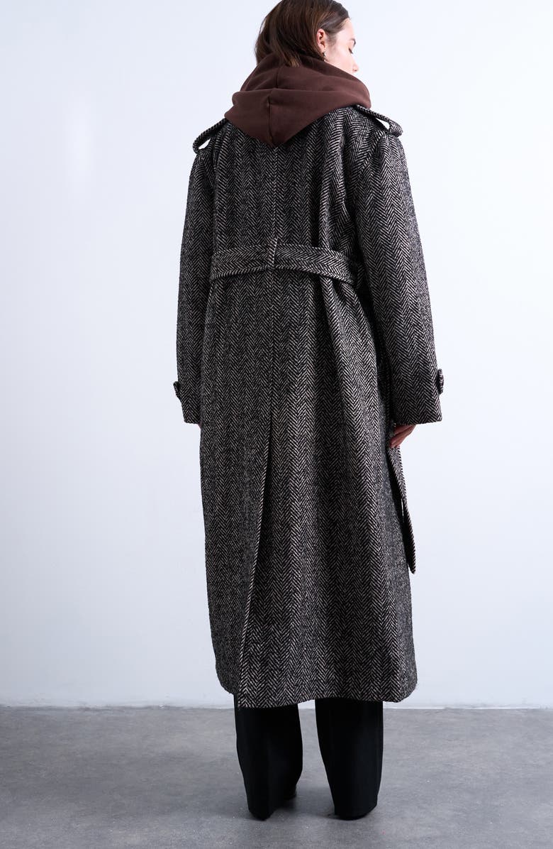 Topshop Belted Herringbone Longline Coat, Alternate, color, Black Multi