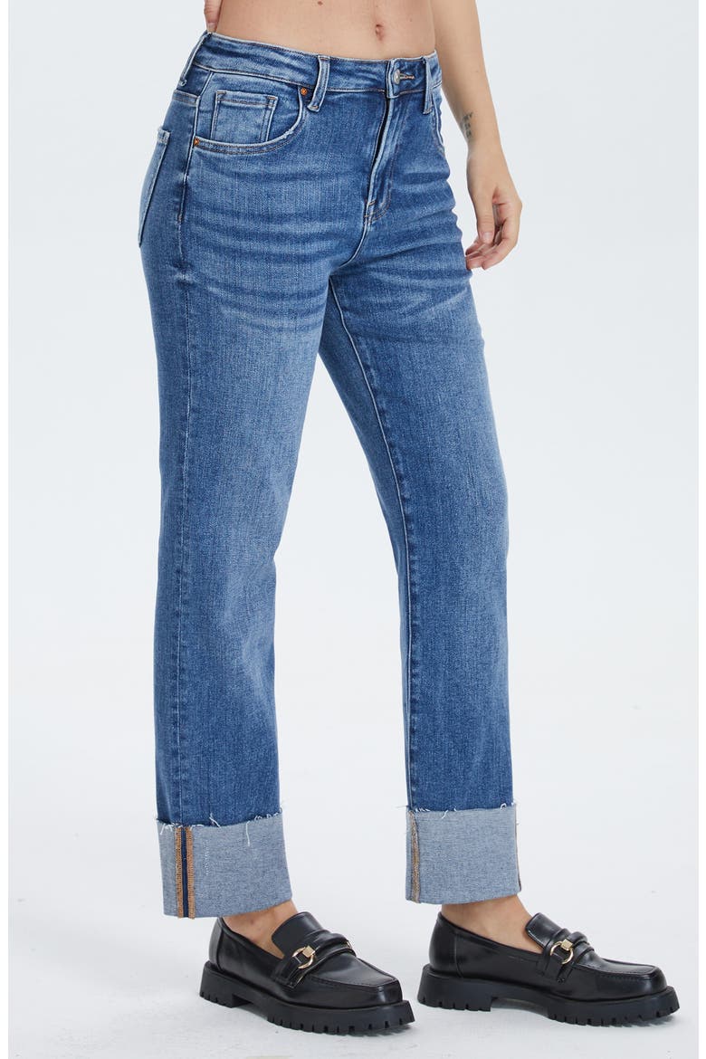 High Waist Cuffed Raw Hem Straight Leg Jeans, Alternate, color, SURF BLUE