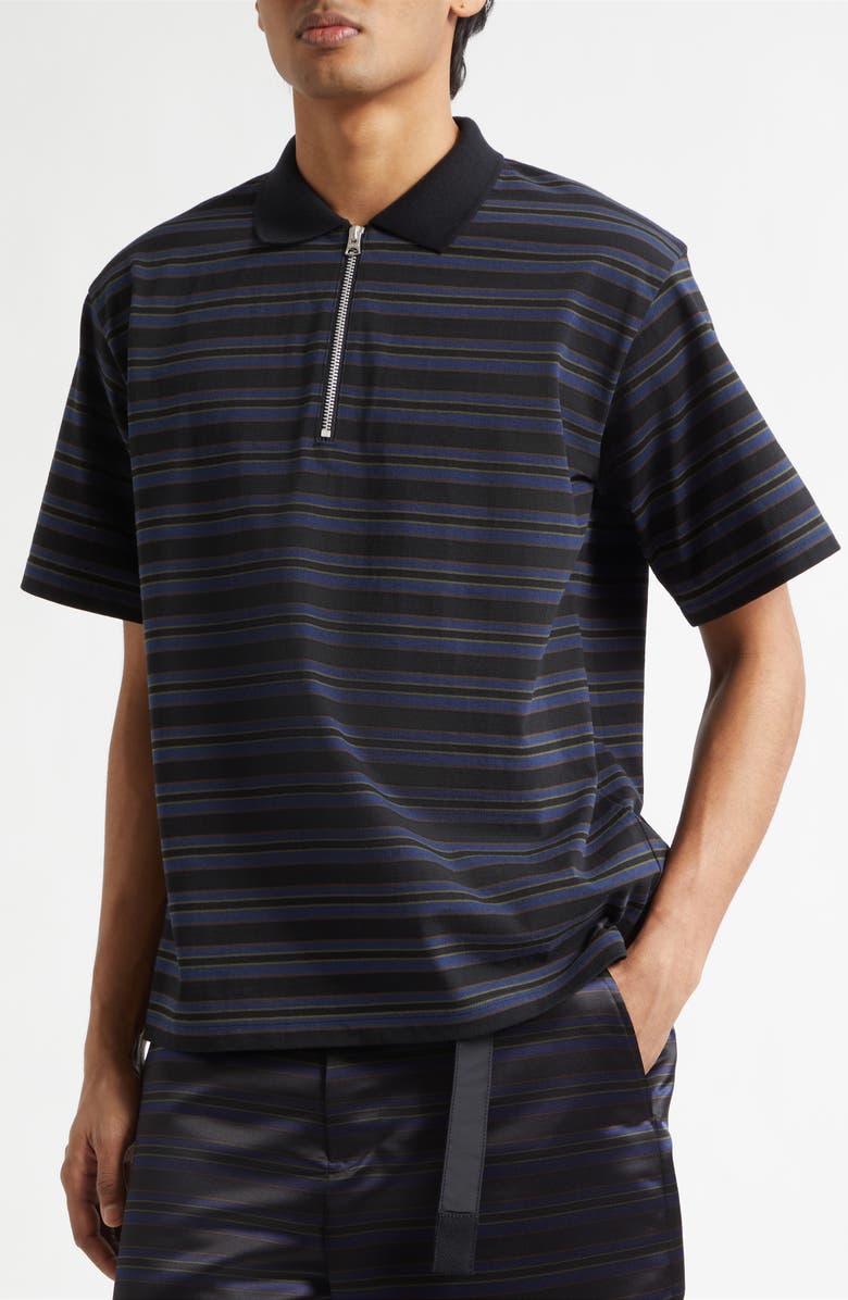 Sacai Horizontal Stripe Quarter Zip Polo, Alternate, color, Black/ Navy