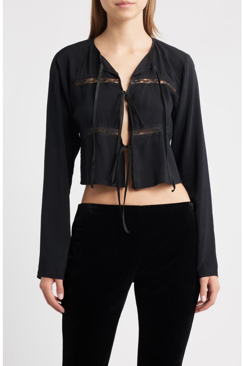 The Camille Lace Inset Tie Front Top, Main, color, BLACK