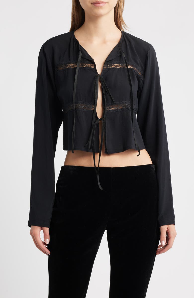 Bella Venice The Camille Lace Inset Tie Front Top, Main, color, Black