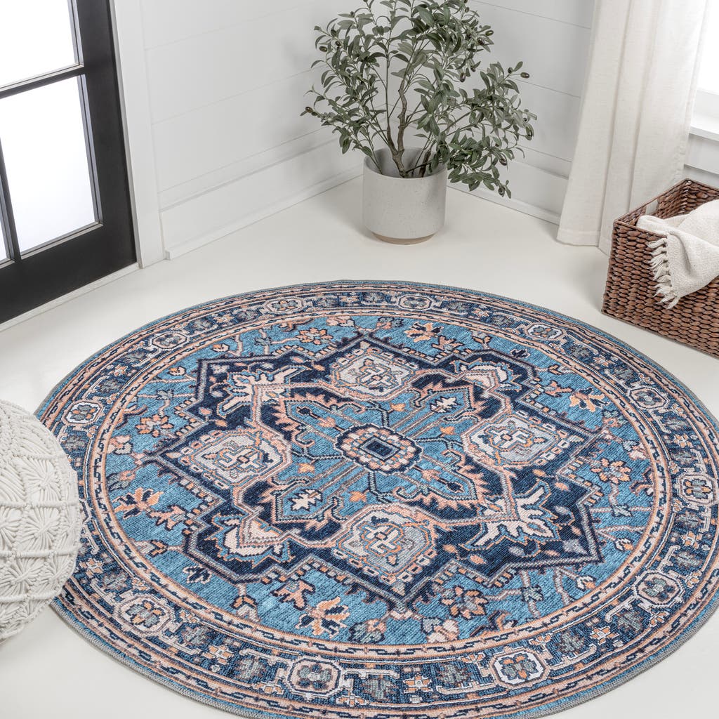 Jonathan Y Cirali Ornate Large Medallion Machine-washable Round Area Rug In Blue/beige