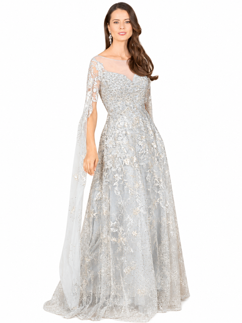 Lace Gown with Cape Sleeves, Sweetheart Neckline