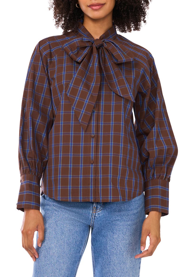 Plaid Tie Neck Button-Up Shirt, Main, color, CHOCOLATE LAB