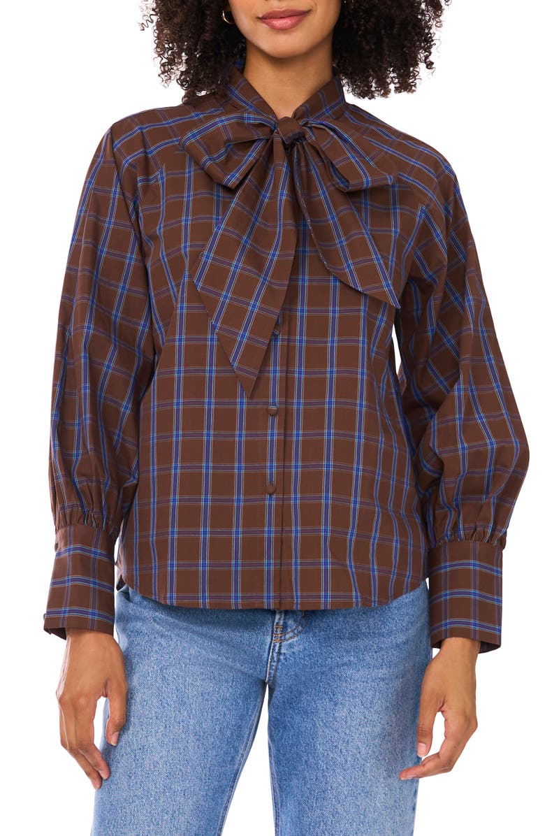Halogen<sup>®</sup> Plaid Tie Neck Button-Up Shirt, Main, color, Chocolate Lab