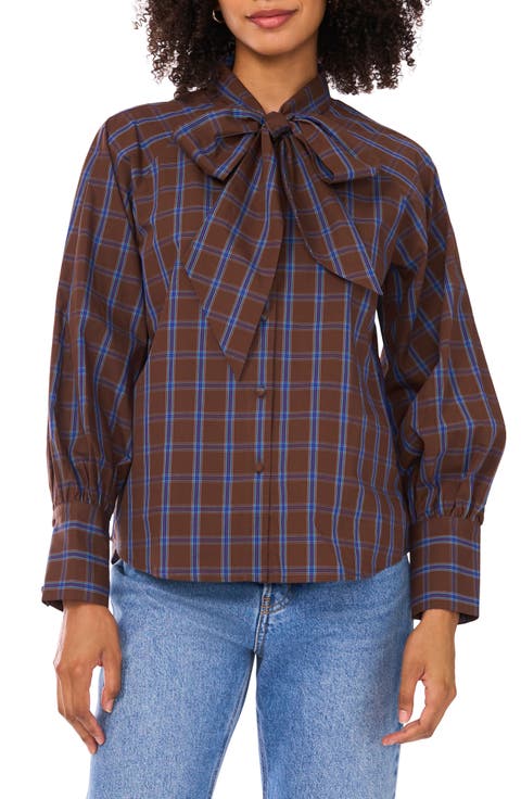 Plaid Tie Neck Button-Up Shirt