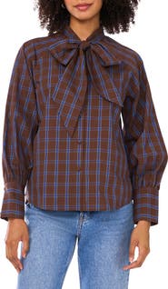 Halogen® Plaid Tie Neck Button-Up Shirt