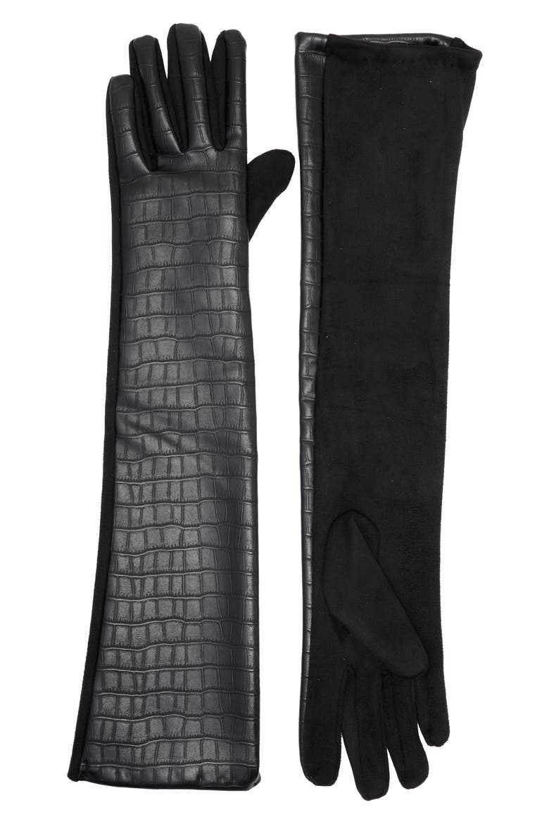 Croc Embossed Long Stretch Gloves, Main, color, BLACK