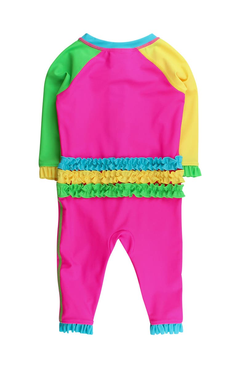RuffleButts UPF50+ Sun Protected Full Length Long Sleeve Rash Guard One Piece Swimsuit, with Signature Rear Ruffles, Alternate, color, Neon Color Block