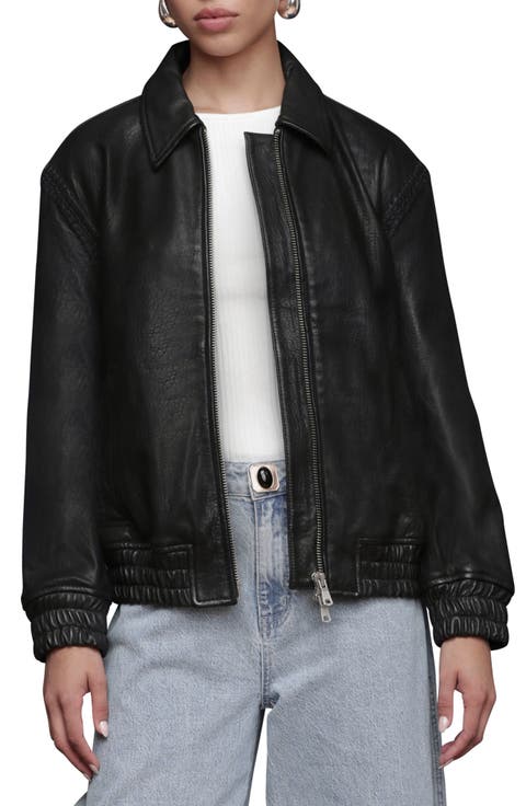 Leather Bomber Jacket with Embroidered Trim