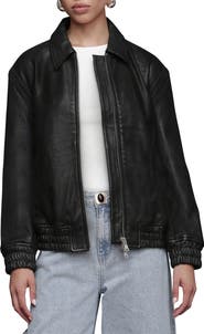 Avec Les Filles Leather Bomber Jacket with Embroidered Trim