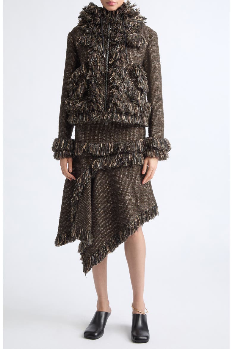Fringe Asymmetric Wool Blend Tweed Skirt, Alternate, color, BROWN