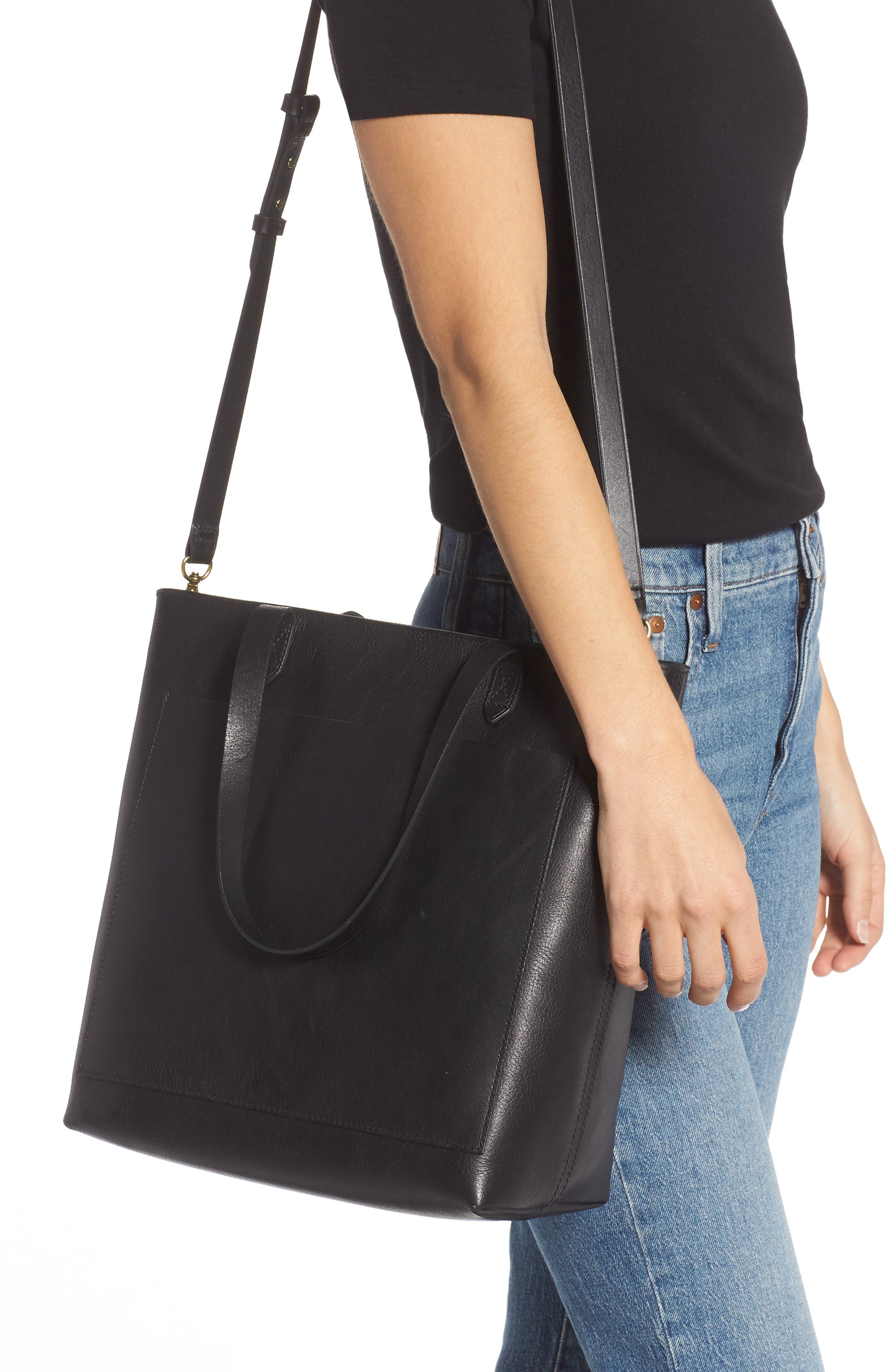 Madewell The Zip-Top Medium Transport Leather Tote, Alternate, color, True Black