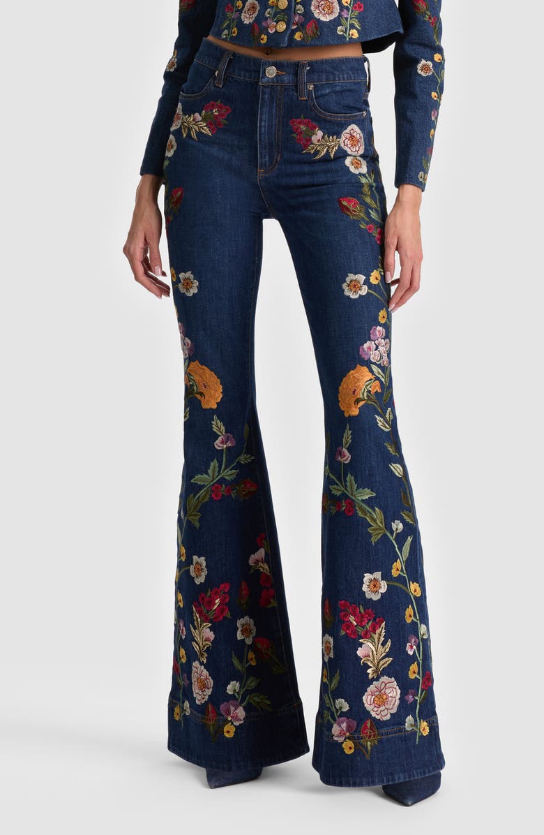 Alice + Olivia Beautiful Floral Embroidered Flare Jeans, Main, color, Catherine Dark Multi