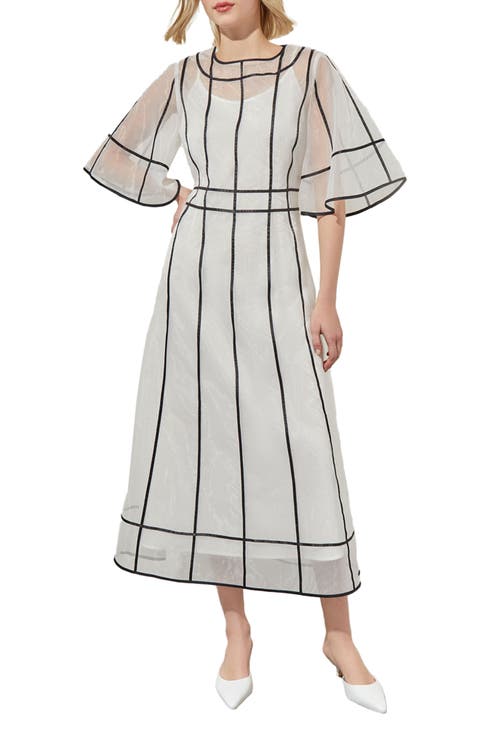 Modern Fit Organza Contrast Stripe A-Line Midi Dress