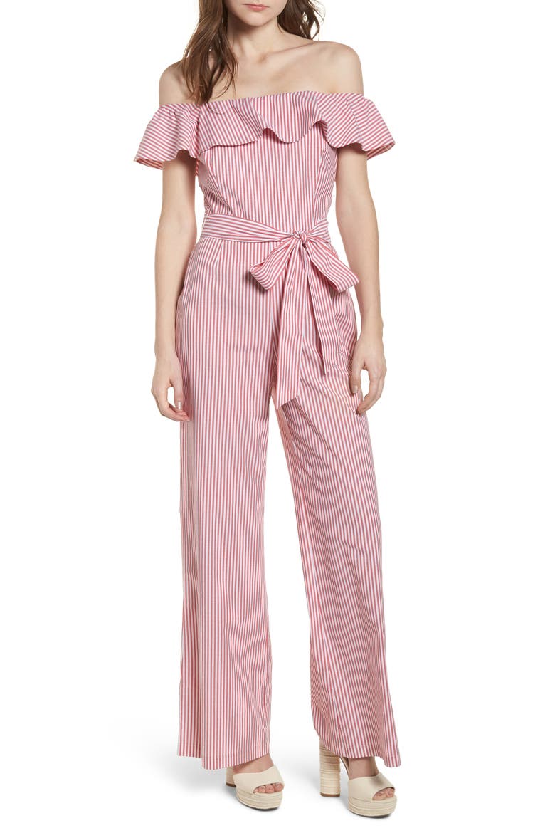 Grenoble Off The Shoulder Jumpsuit, Main, color, RED STRIPE