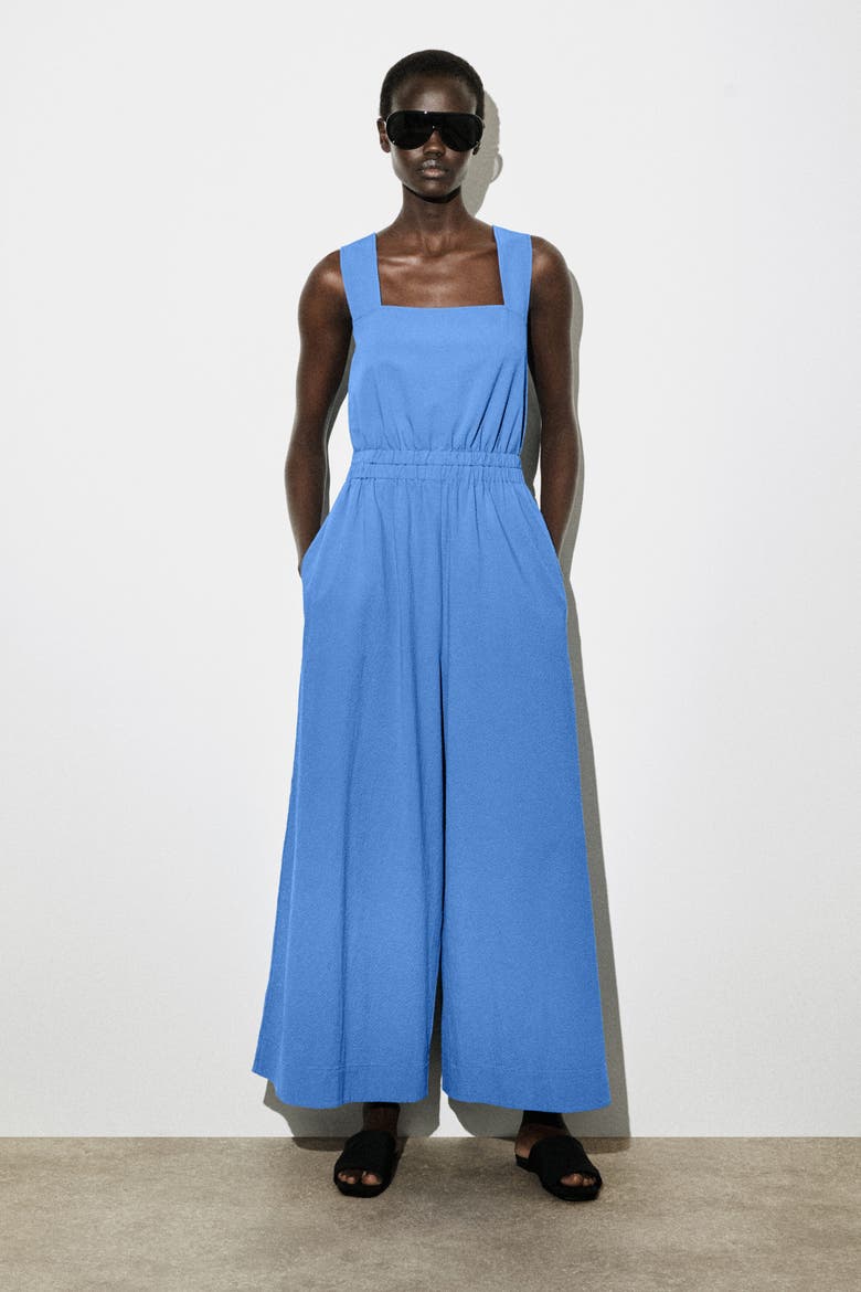 Open-back Seersucker Wide-leg Jumpsuit, Main, color, BLUE
