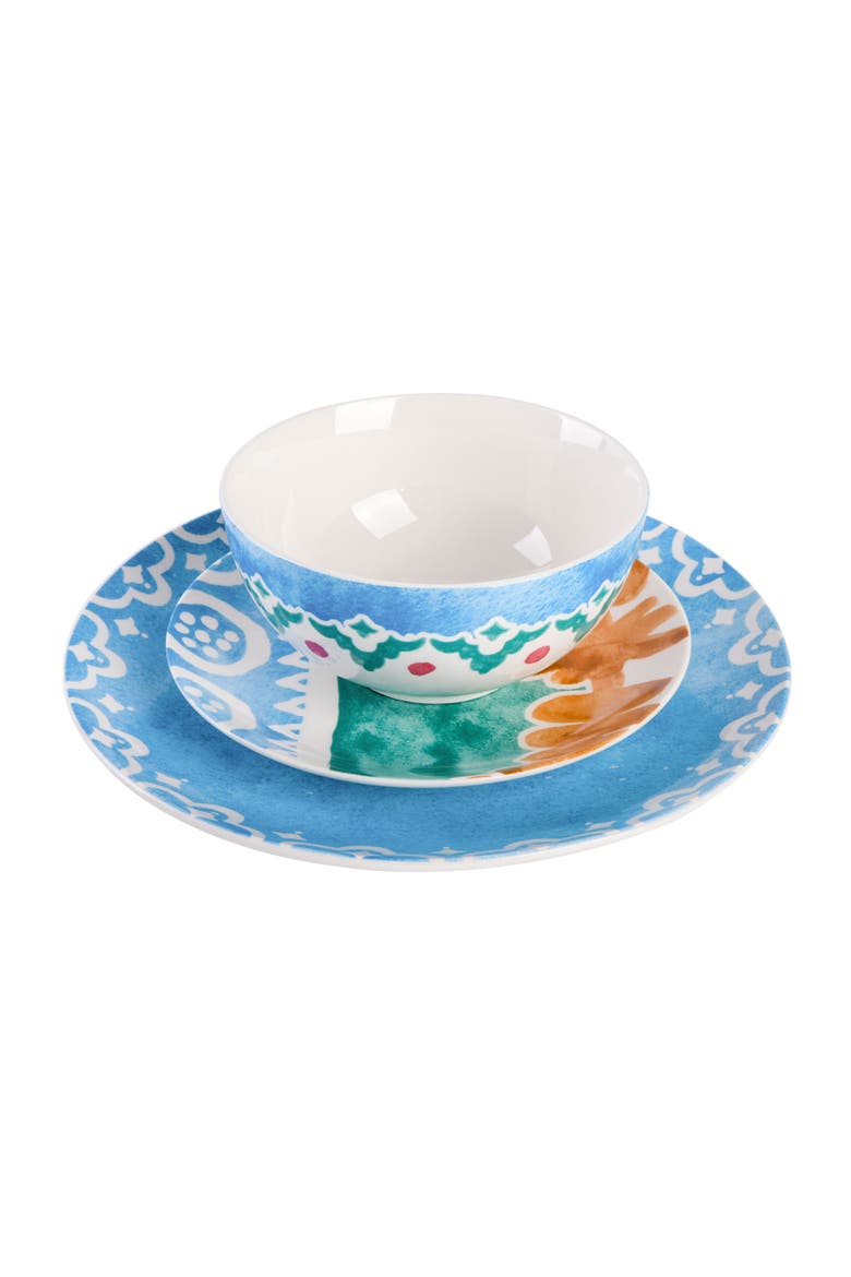 Savory Saffron 18 piece Round Fine Ceramic Dinnerware Set, Alternate, color, Golden Blue