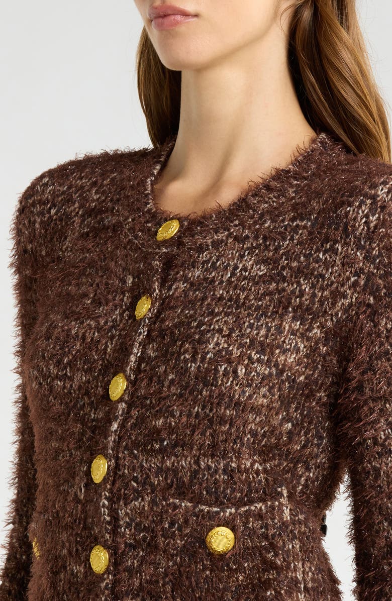 L'AGENCE Una Crop Eyelash Tweed Cardigan, Alternate, color, Chocolate Multi