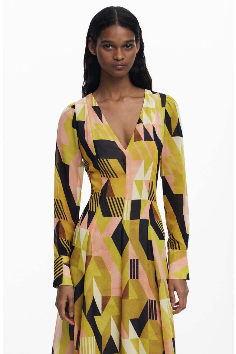 Geometric Long Sleeve Midi Dress, Alternate, color, WARM GREEN