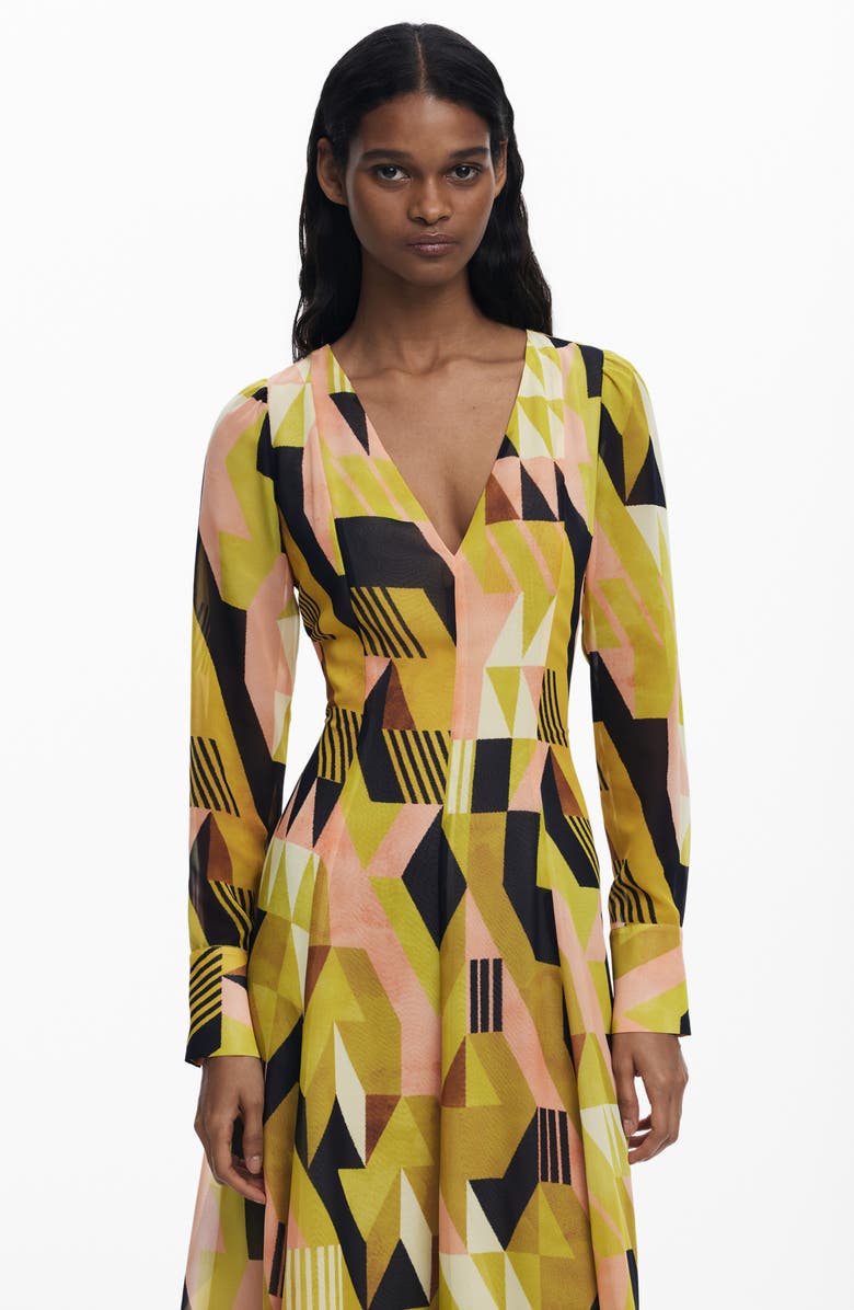 Desigual Geometric Long Sleeve Midi Dress, Alternate, color, Warm Green