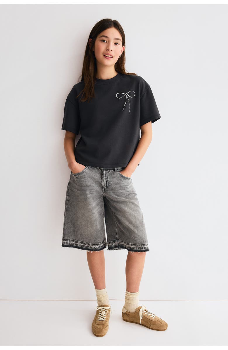 H&M Wide-leg low denim shorts, Main, color, Denim Gray