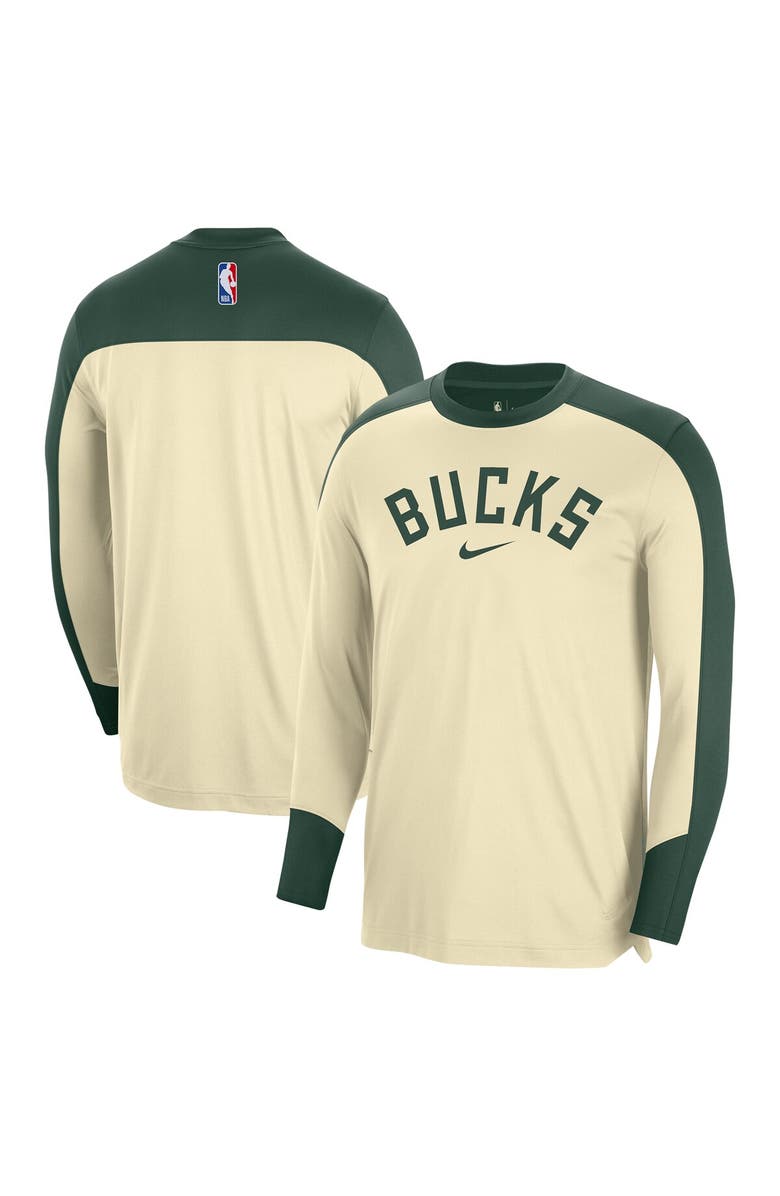 Nike Men's Nike Cream Milwaukee Bucks 2024/25 Authentic Pre-Game Legend Long Sleeve Shooting Shirt, Alternate, color, Cream