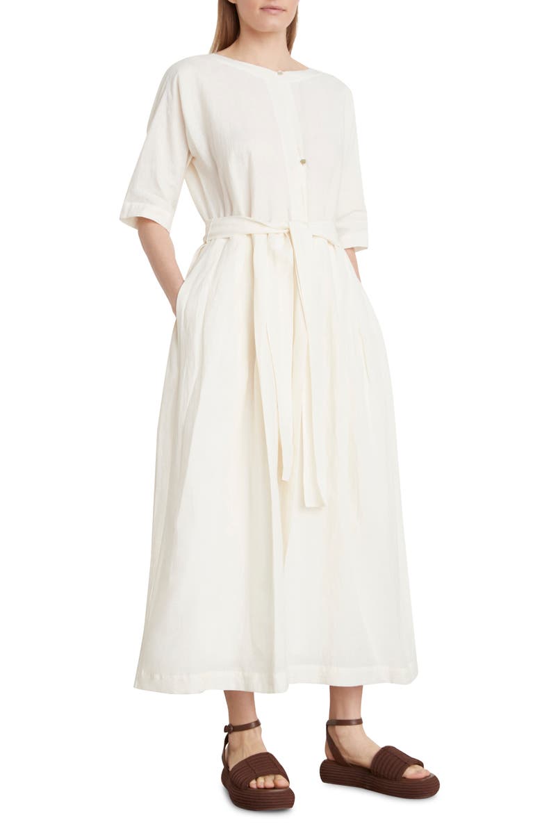 Vince Boatneck Belted Linen & Cotton Dress, Alternate, color, Optic White