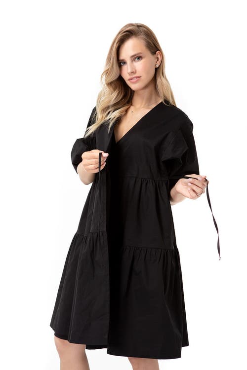 Accouchée Waterfall Tie Waist A-line Maternity/nursing Wrap Dress In Black