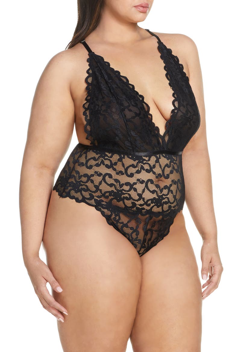 Jeana Plunge High Leg Galloon Lace Bodysuit, Alternate, color, BLACK